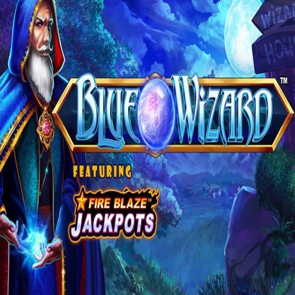 Blue Wizard Fire Blaze Jackpots logo by Rarestone Gaming at Tikitaka Casino